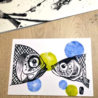 Cartes postales artisanales en linogravure // Poissons